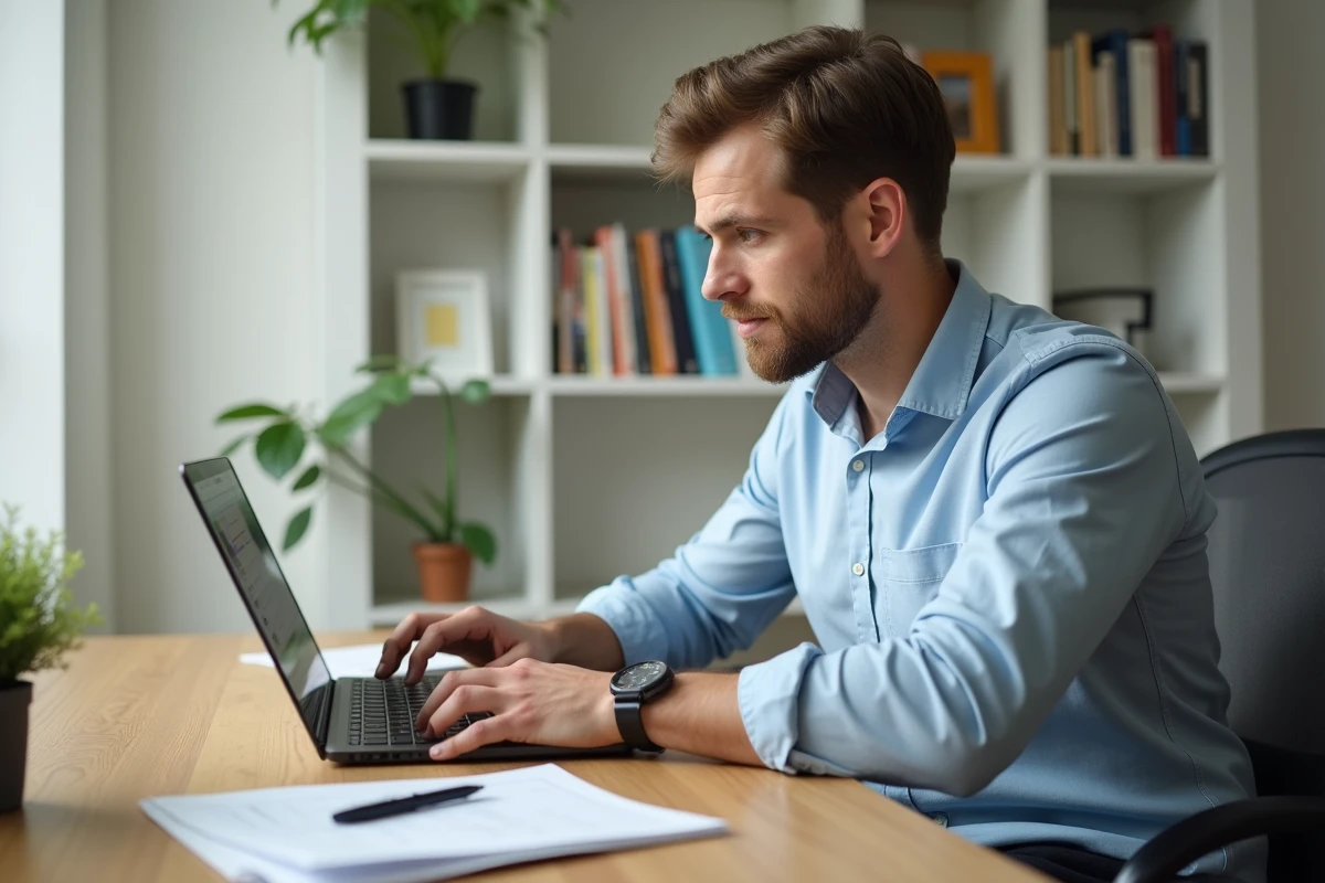 Propriétaire débutant consultant une annonce de location sur son ordinateur portable à son bureau à domicile