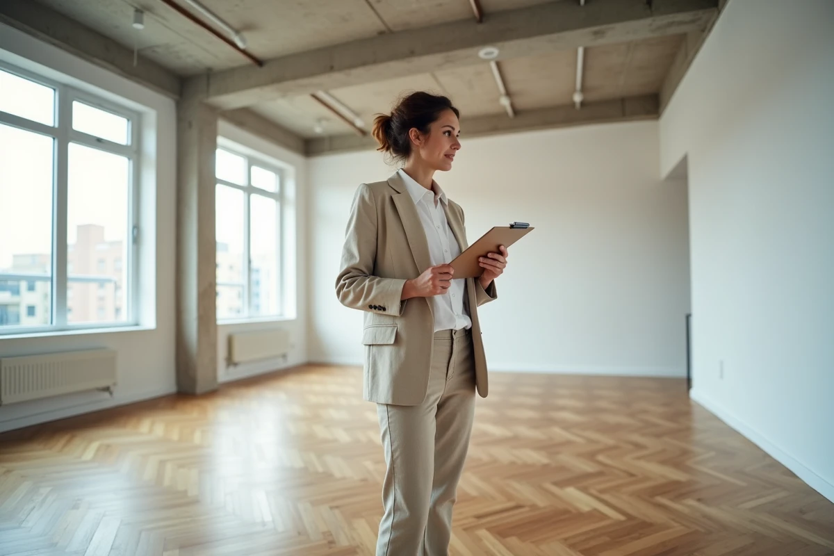 Propriétaire évaluant un appartement vide avant sa mise en location avec prise de notes sur clipboard
