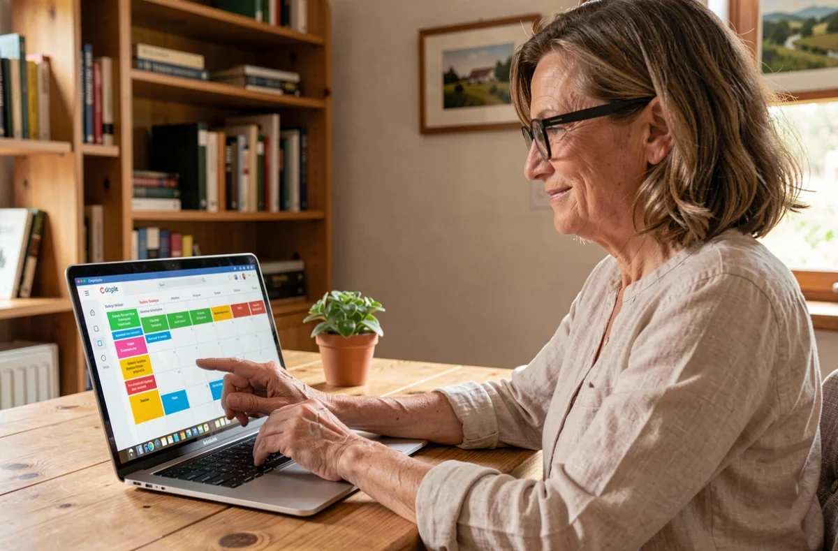 Propriétaire de gîte Gîtes de France gérant son calendrier de réservations en ligne sur un ordinateur portable dans un bureau chaleureux