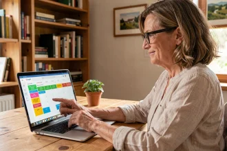 Propriétaire de gîte Gîtes de France gérant son calendrier de réservations en ligne sur un ordinateur portable dans un bureau chaleureux