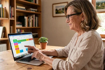 Propriétaire de gîte Gîtes de France gérant son calendrier de réservations en ligne sur un ordinateur portable dans un bureau chaleureux