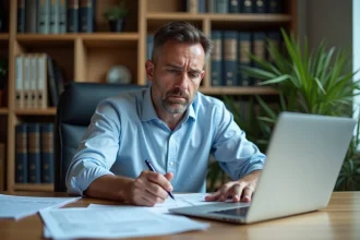 Propriétaire analysant des documents liés à l'indice de référence des loyers sur son bureau à domicile