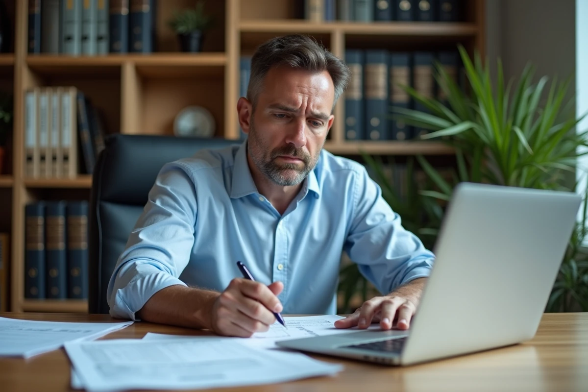 Propriétaire analysant des documents liés à l'indice de référence des loyers sur son bureau à domicile