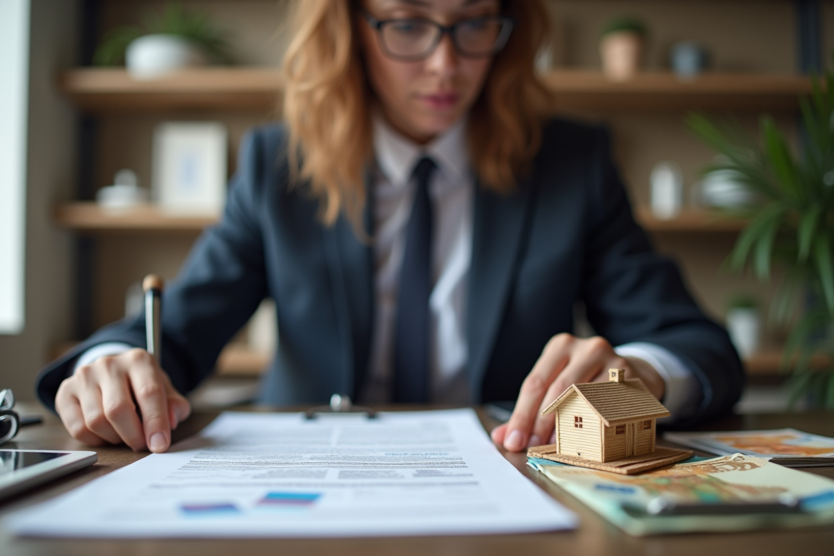 Propriétaire examinant contrats de location avec modèle de maison et billets