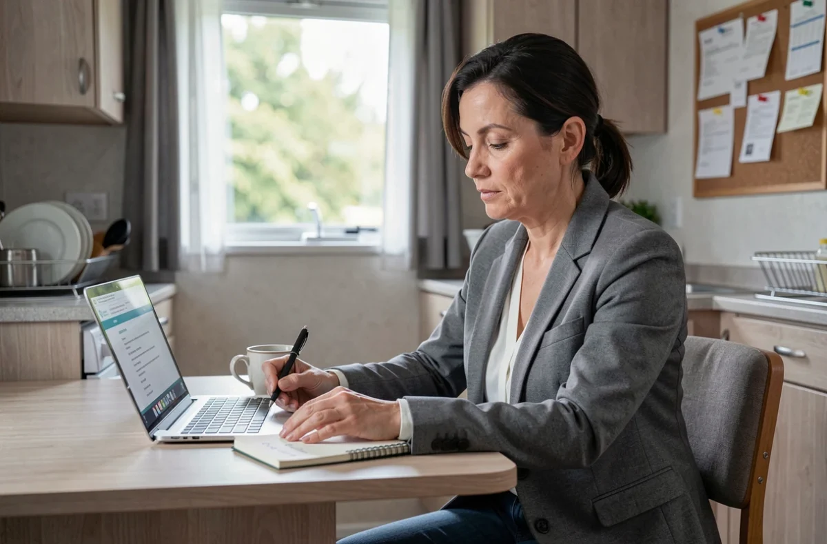 Propriétaire de mobil home étudiant un contrat de rachat sur son ordinateur à l'intérieur de son logement