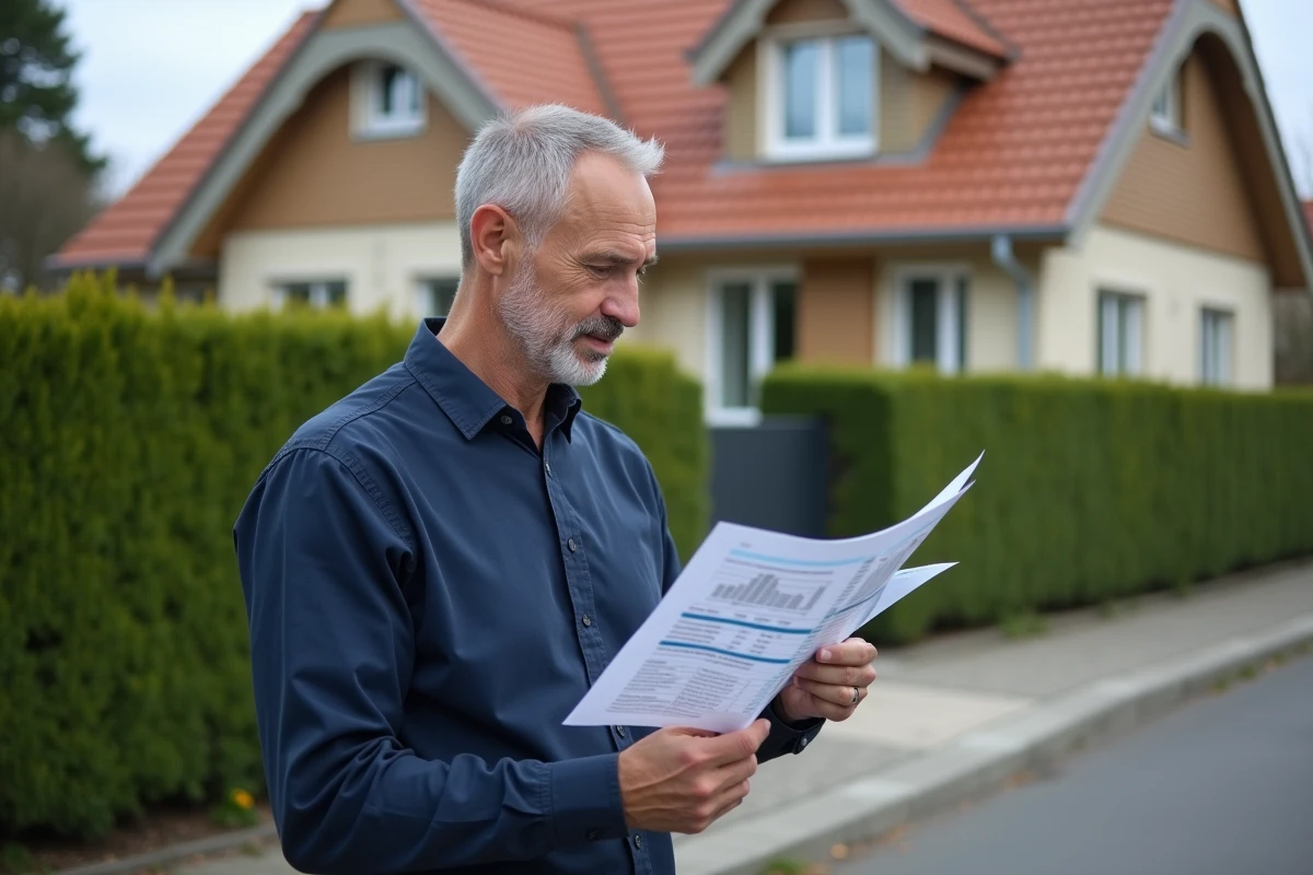 Propri&eacute;taire analysant un rapport d'estimation de valeur immobili&egrave;re devant sa maison