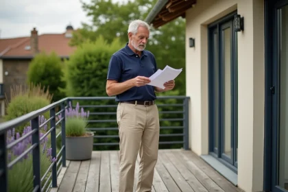 Propriétaire examinant sa taxe foncière sur une terrasse en bois avec documents fiscaux en main