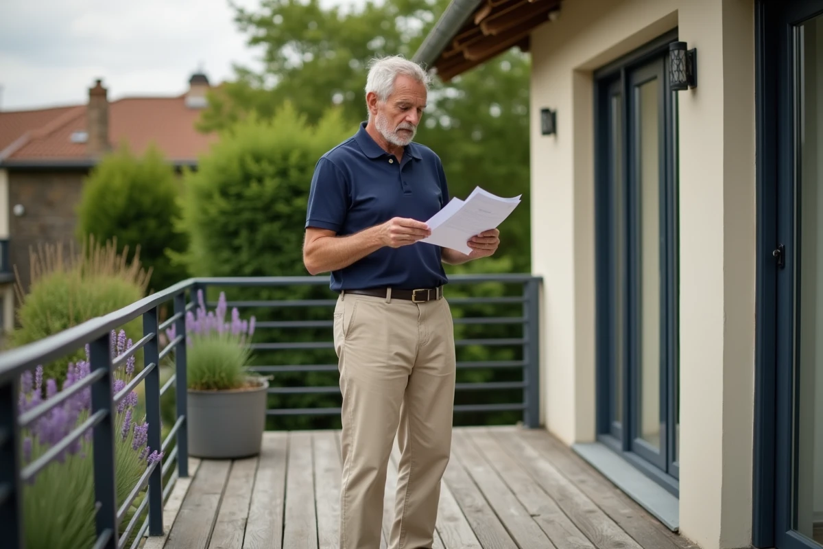 Propriétaire examinant sa taxe foncière sur une terrasse en bois avec documents fiscaux en main