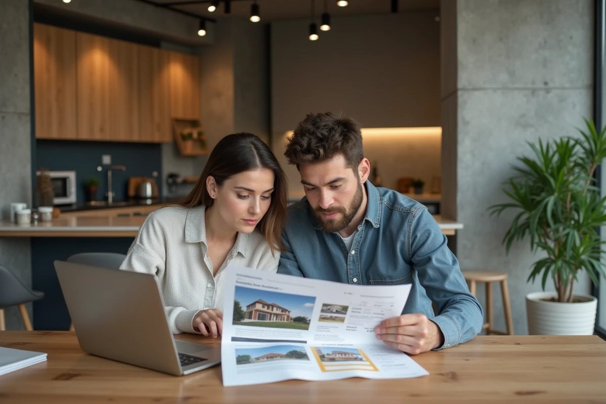 Couple de propriétaires étudiant une estimation immobilière avant de mettre leur maison en vente