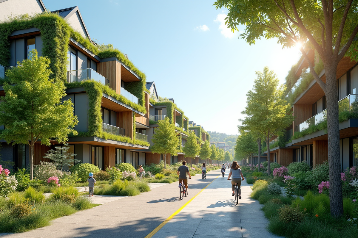 Quartier écologique avec bâtiments verts et familles