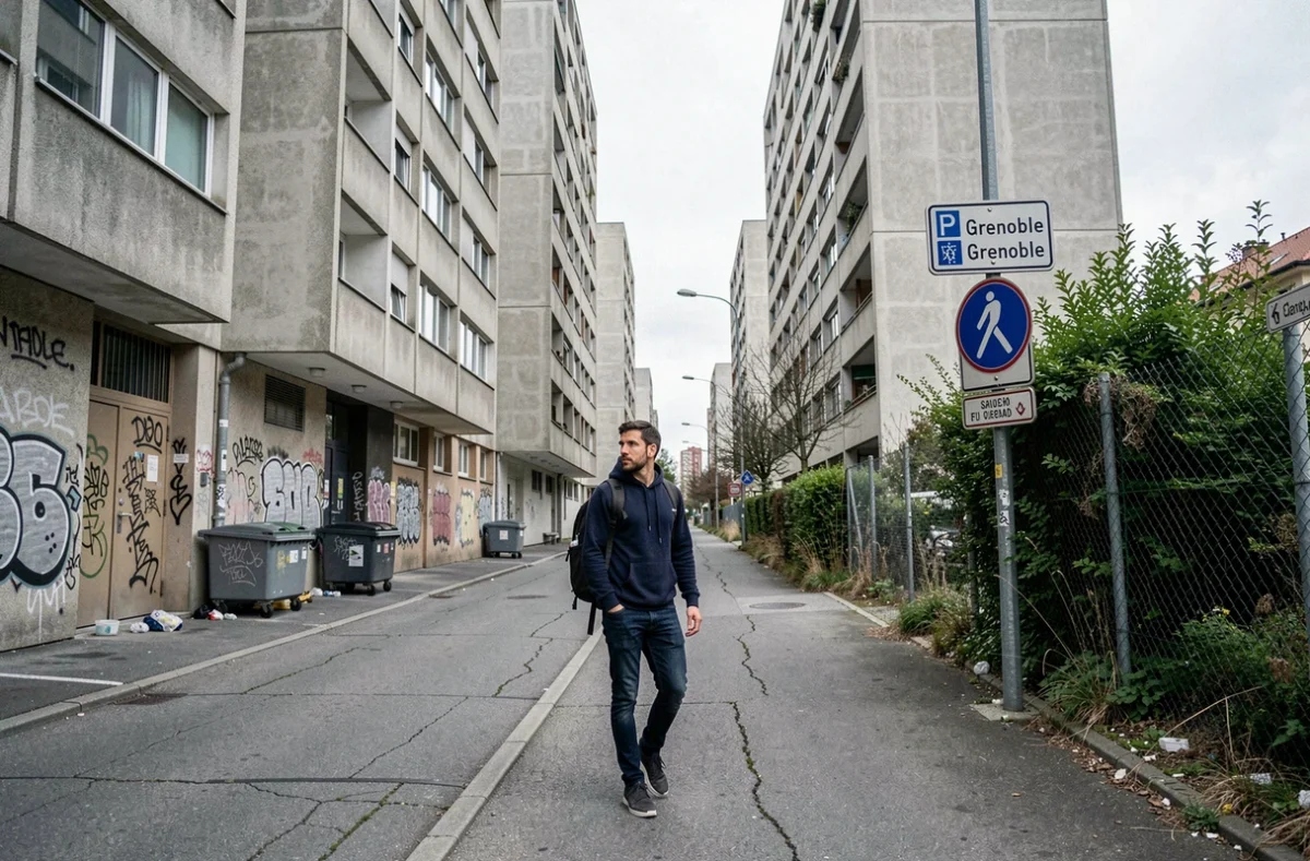 Homme explorant un boulevard de Grenoble bordé de tours en béton des années 1970 dans un quartier périphérique dense