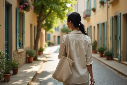 Femme se promenant dans un quartier résidentiel de Bergerac avec des façades en pierre calcaire et des volets colorés, illustrant la vie de locataire en ville