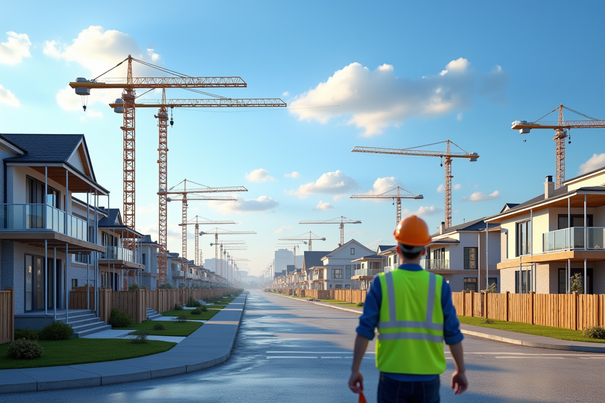 Quartier résidentiel en construction avec grues et ouvriers