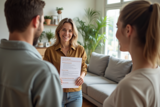 Hôte souriante tenant un papier de règles de maison dans un salon moderne