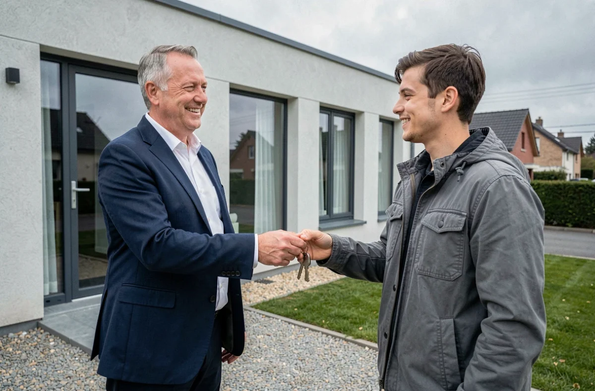 Agent immobilier remettant les clés d'un pavillon neuf à un primo-accédant lors de la signature
