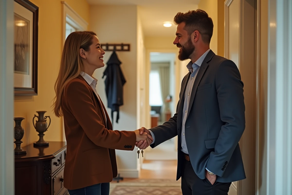 Remise des clés entre propriétaire et locataire dans le couloir d'un appartement lors de la signature d'un contrat de location