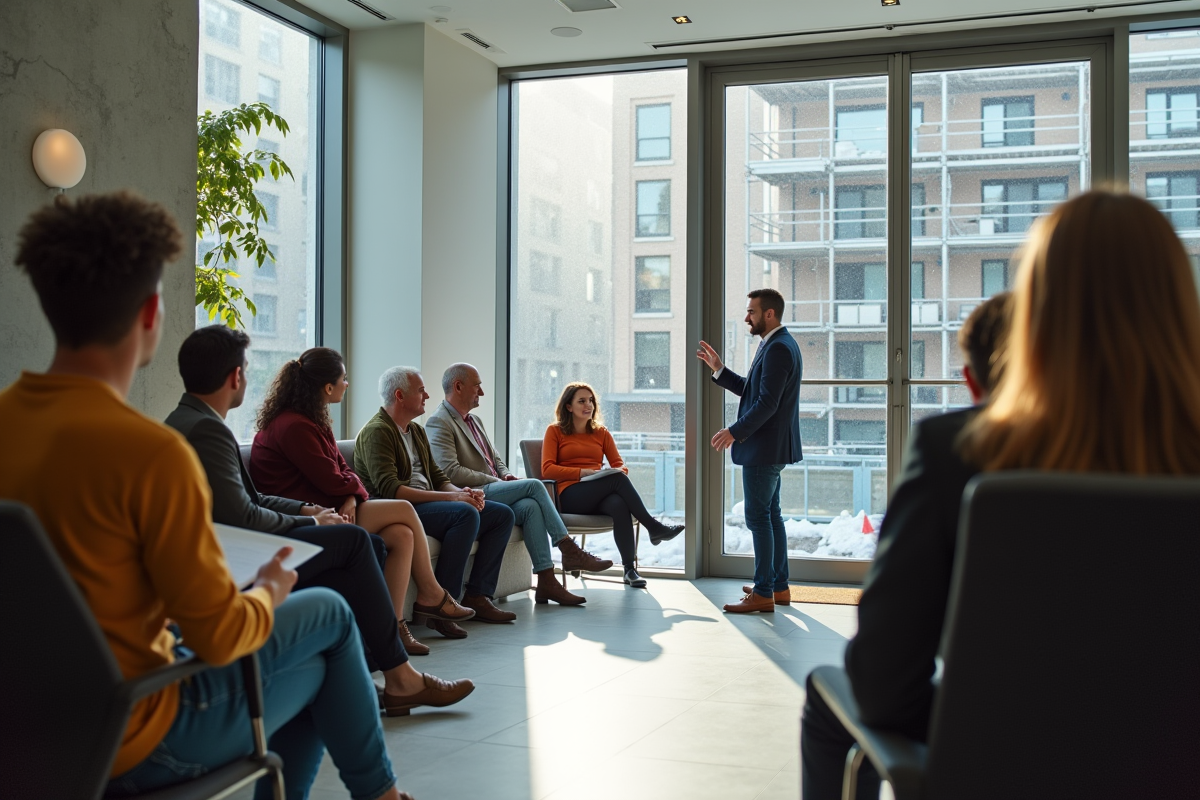 Groupe de résidents et gestionnaire discutant rénovation dans hall lumineux