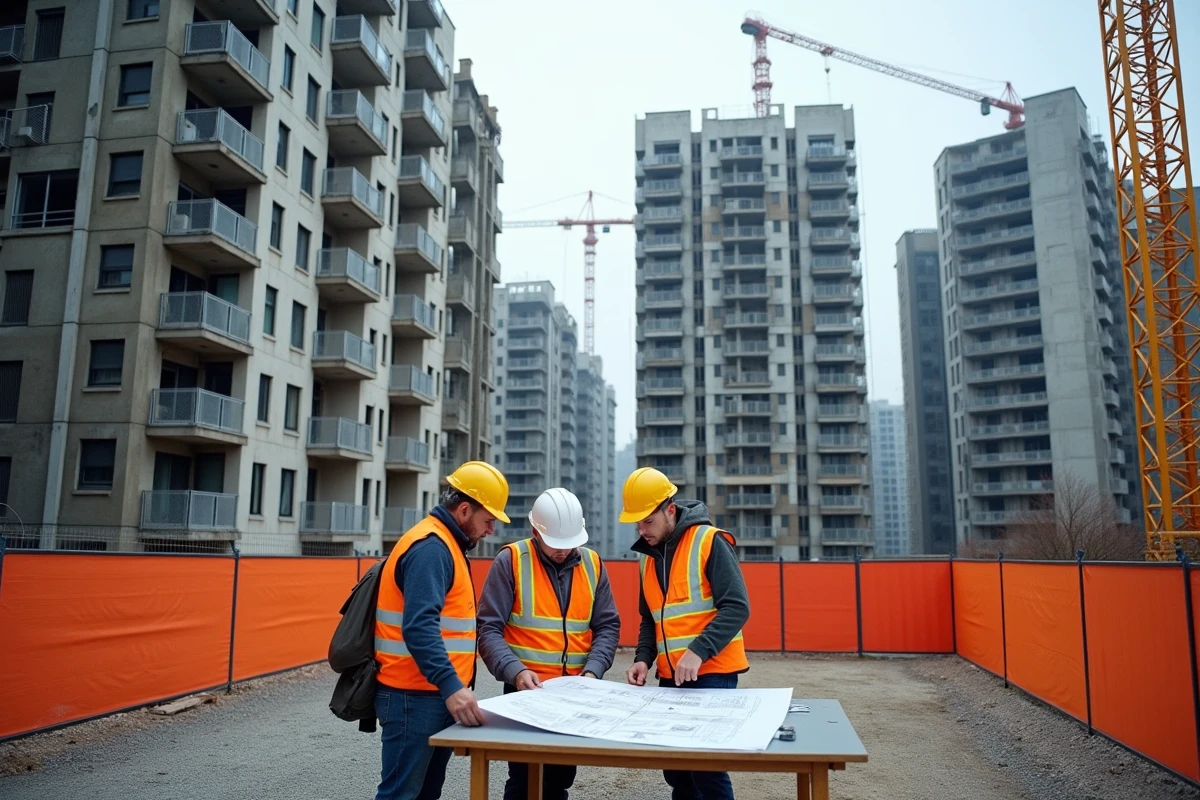 Chantier de rénovation urbaine à la cité Pablo Picasso de Nanterre, contraste entre anciens immeubles des années 1970 et nouveaux projets de construction