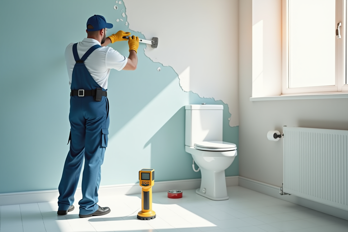 Réparateur repeignant un mur après dégâts d