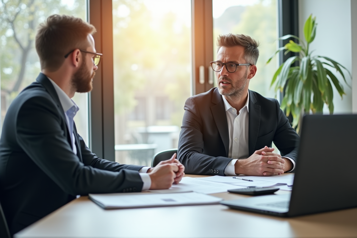 Rencontre entre conseiller fiscal et client dans un bureau lumineux