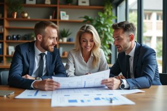 Groupe de trois adultes discutant de documents de prêt