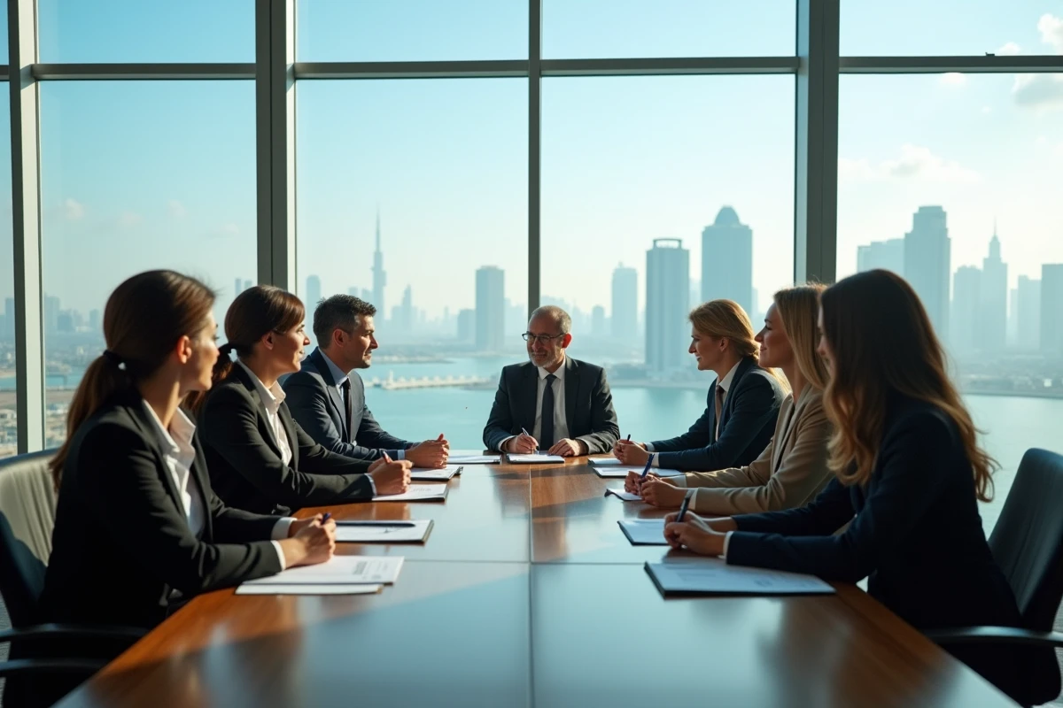 Groupe de professionnels en r&eacute;union dans un bureau moderne