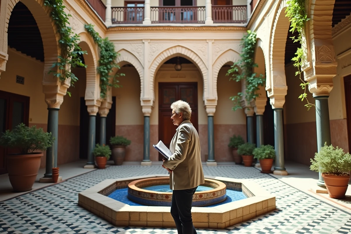 Cour intérieure d'un riad traditionnel à vendre en médina de Marrakech avec fontaine en zellige et arches en stuc sculpté