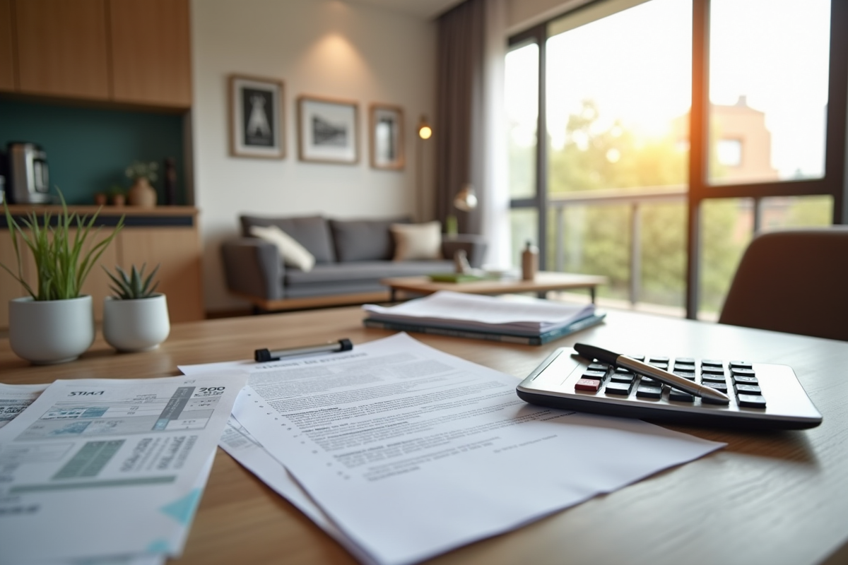 Salon moderne avec contrat de location et calculatrice