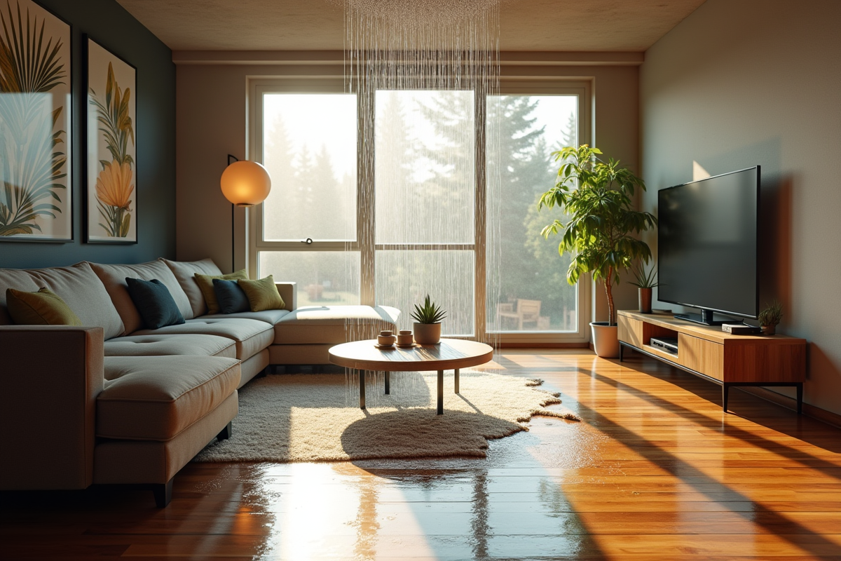 Salon moderne avec fuite d'eau au plafond et sol en bois