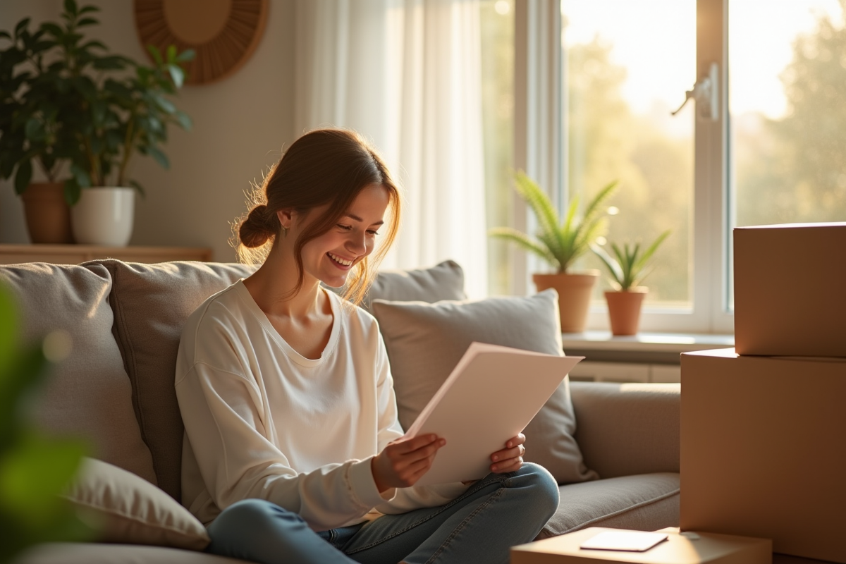 Personne souriante lisant un document dans un salon avec cartons et plante