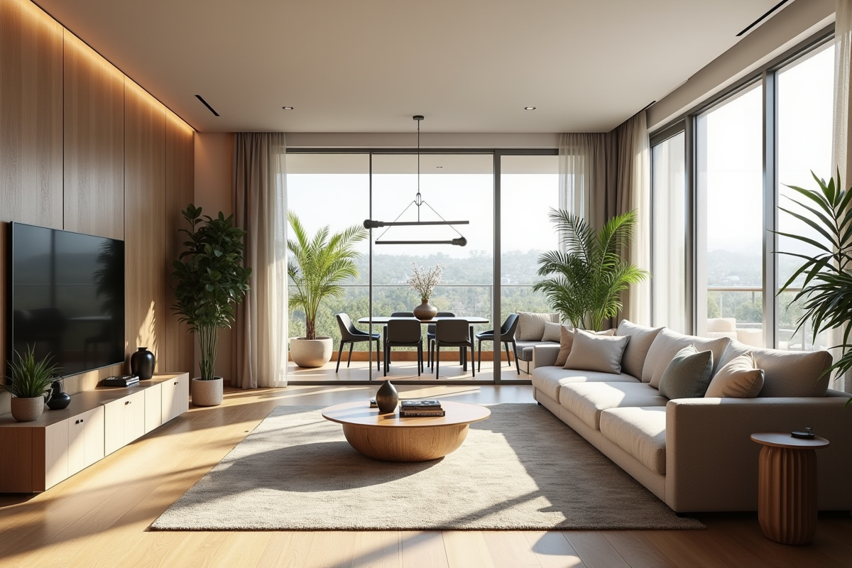 Salon lumineux dans un appartement T4 avec décoration moderne