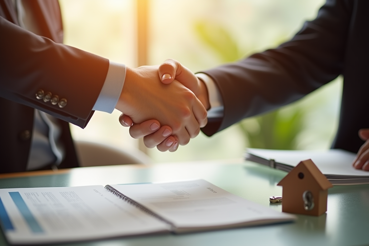 Deux personnes se serrant la main avec contrat et clés