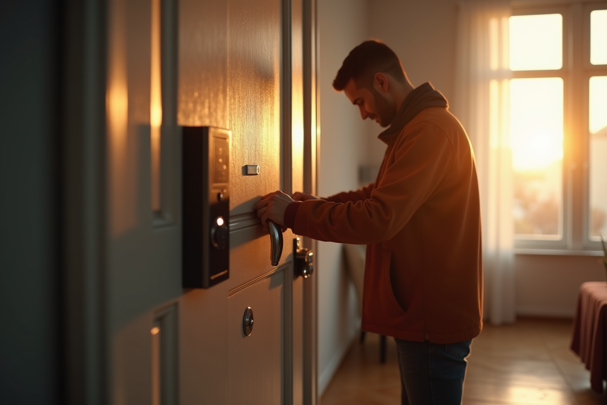 Serrurier installant une serrure moderne sur une porte d'appartement lumineuse