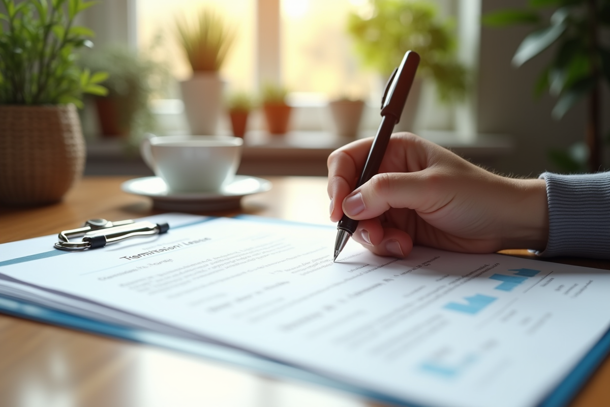 Main signant un contrat de location sur un bureau ensoleille