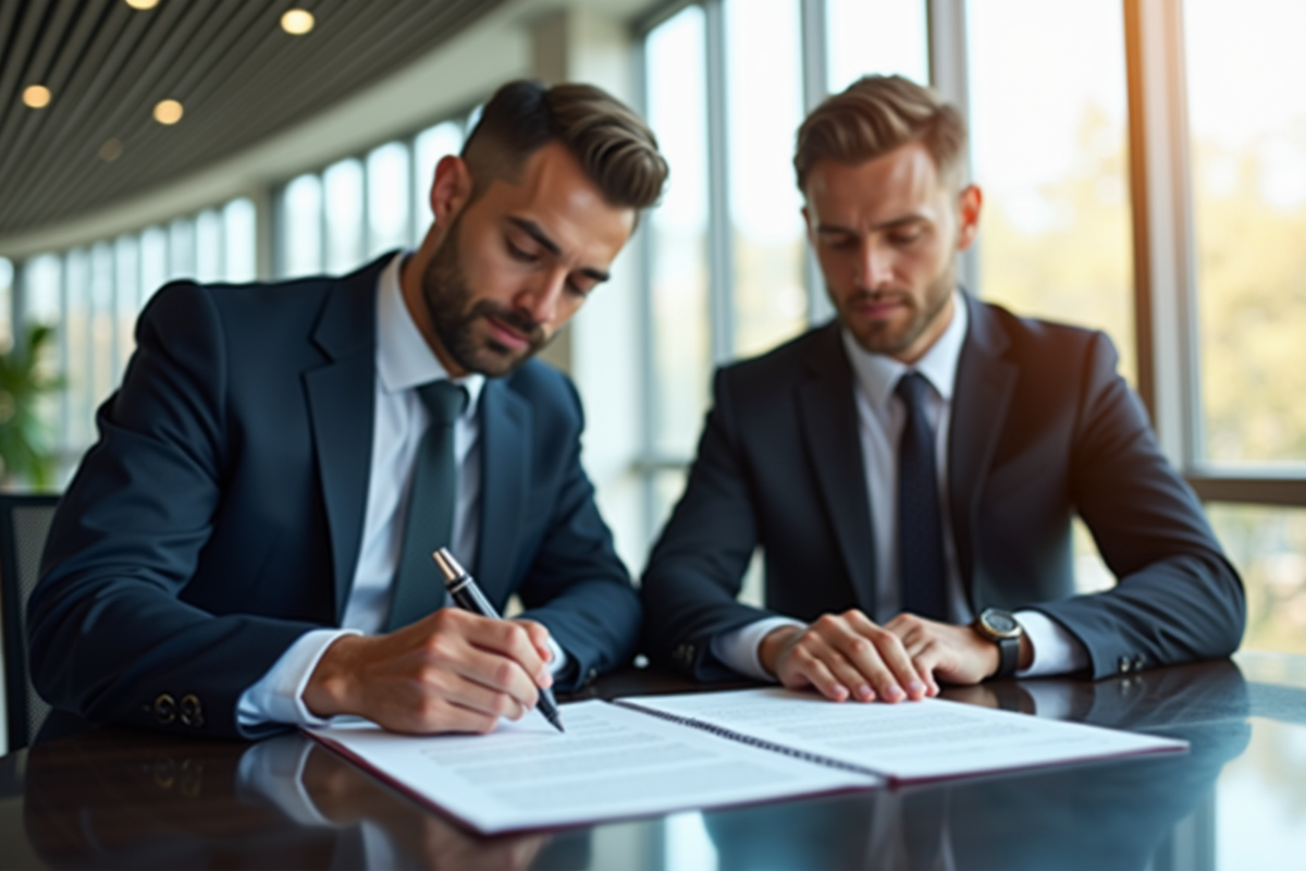 Deux professionnels signant un contrat juridique en réunion
