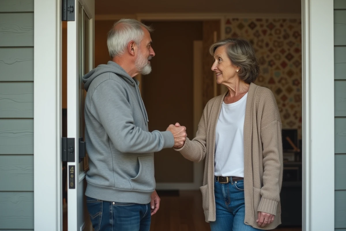 Proprietaire et locataire se serrant la main devant une maison