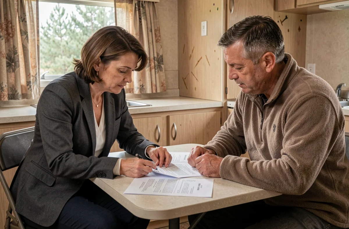 Agent immobilier et acheteur relisant le contrat de vente d'un mobil-home d'occasion à l'intérieur du logement