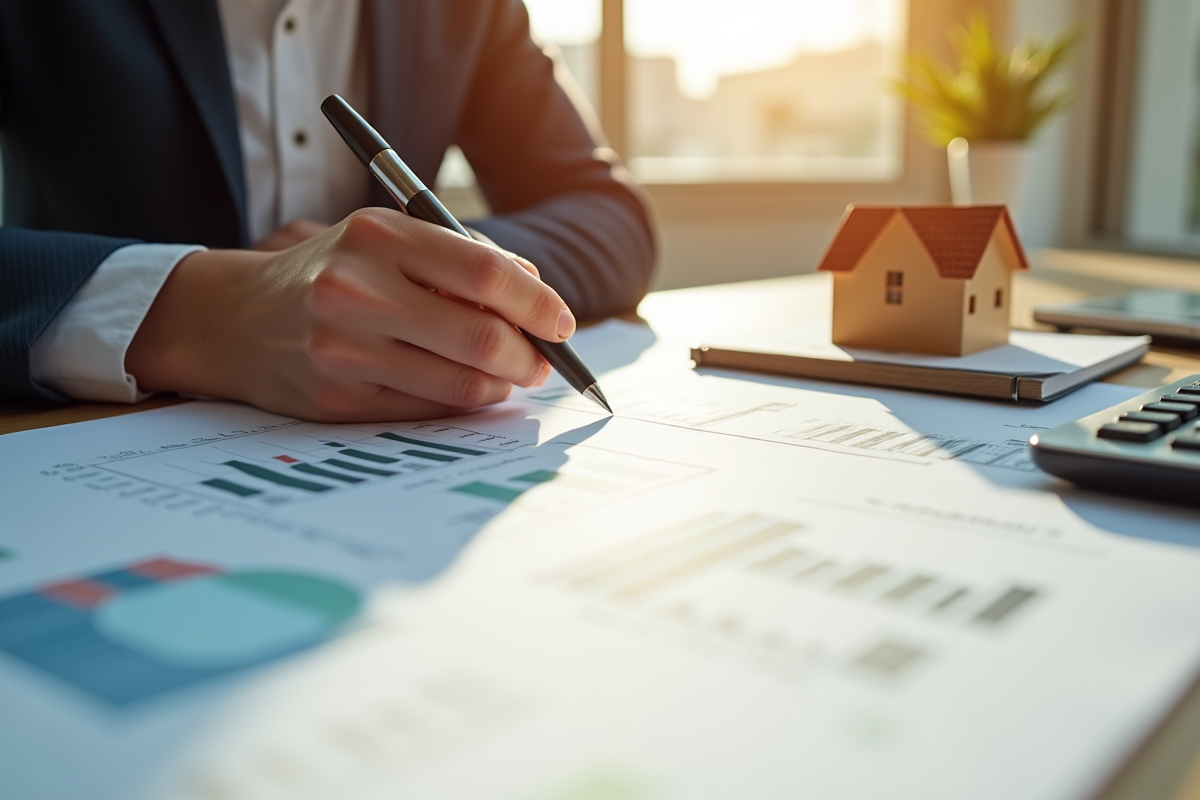 Mains signant documents financiers et plans architecturaux sur table