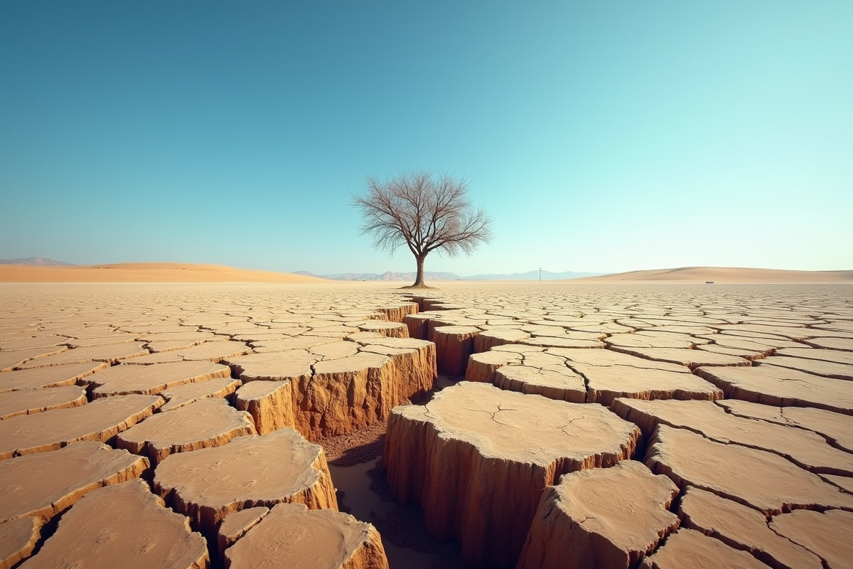 Paysage de terre sechant avec un arbre fane sous un ciel bleu dramatique