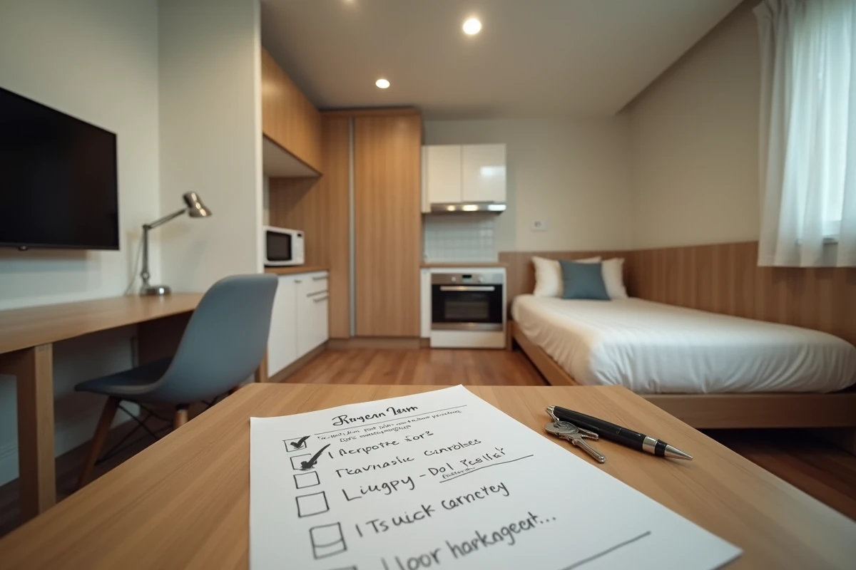 Studio meublé pour location saisonnière avec liste de mobilier annotée posée sur le bureau