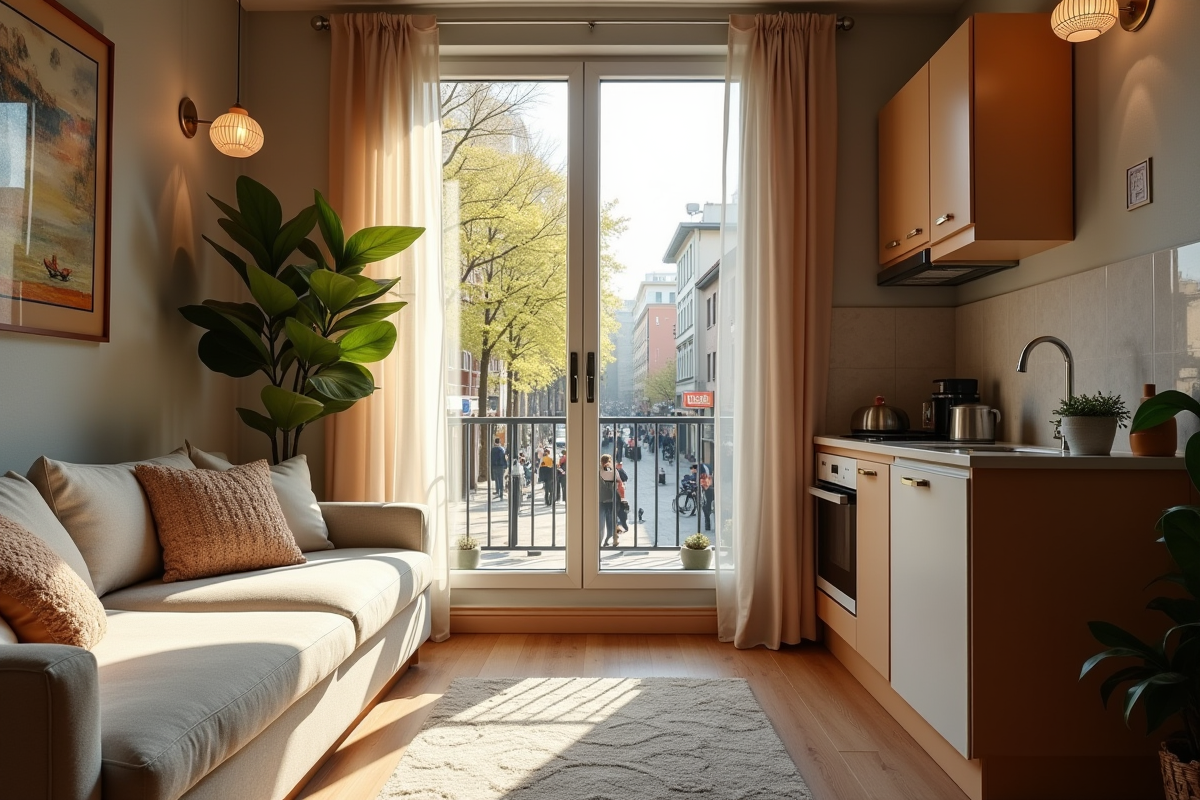Studio cosy avec cuisine lumineuse et vue urbaine animée