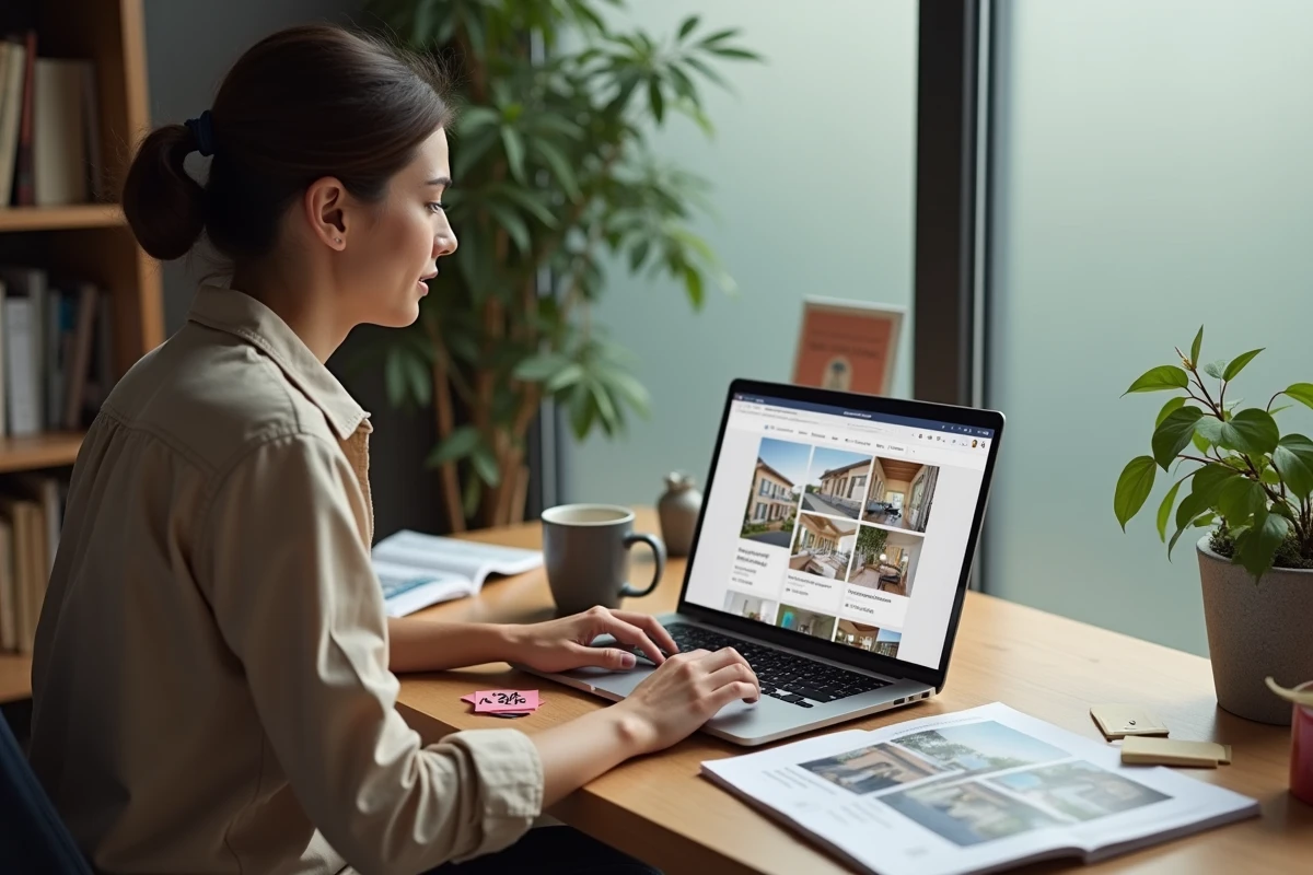 Femme consultant les tarifs d'une visite virtuelle immobilière sur ordinateur portable dans un bureau à domicile