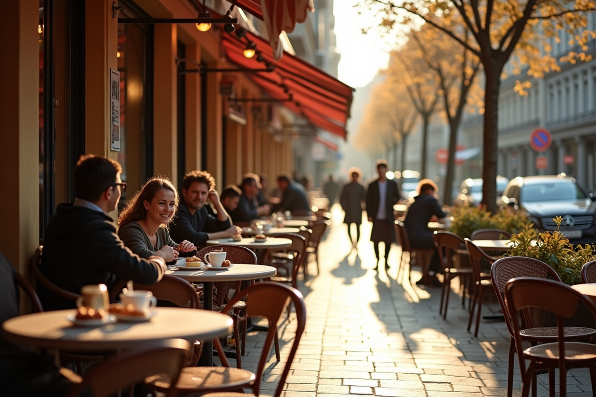 Terrasse de café en plein air dans une ville européenne