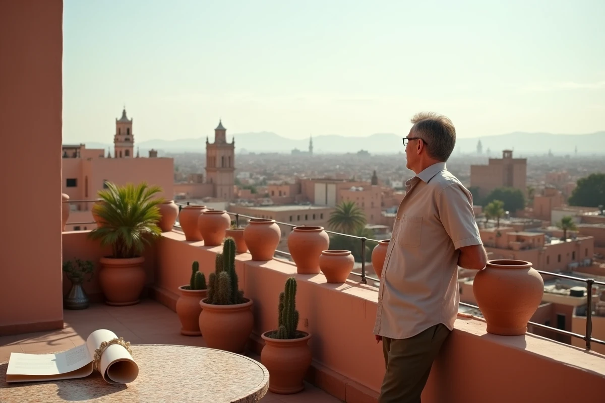 Terrasse panoramique d'un riad en médina de Marrakech avec vue sur les toits en terre cuite et les minarets de la vieille ville