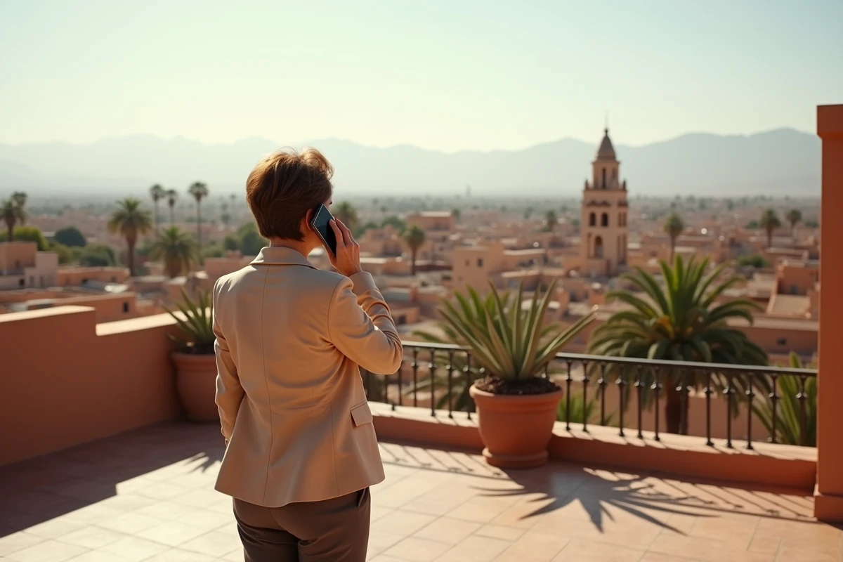 Acheteuse étrangère téléphonant sur la terrasse d'une villa avec vue panoramique sur les toits de Marrakech