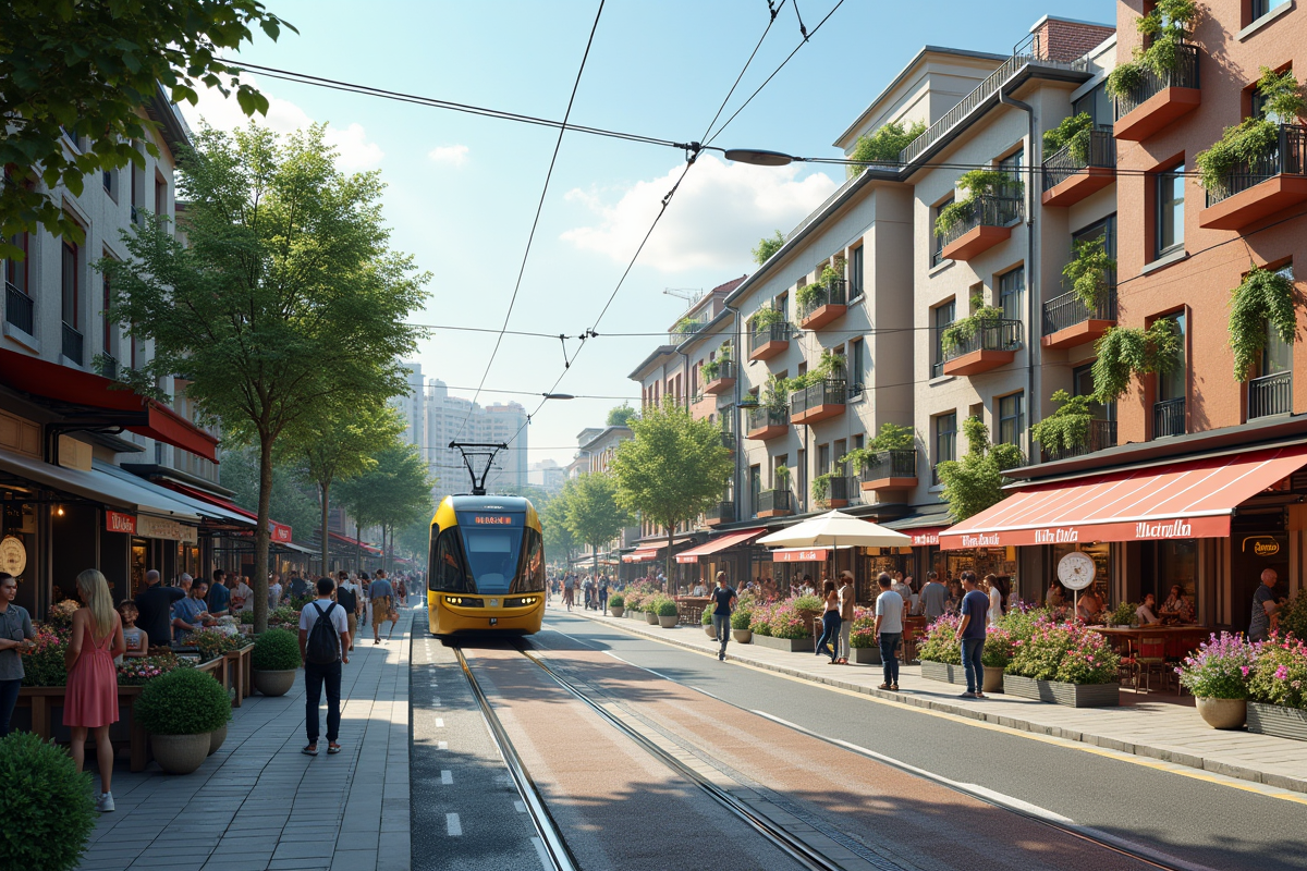 Rue urbaine durable avec tram solaire et marché local