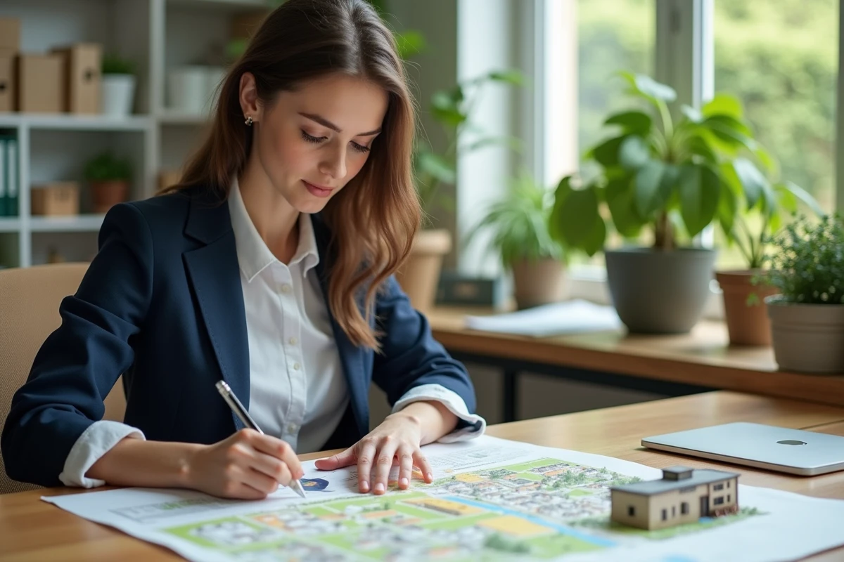 Jeune urbaniste examinant une carte dans un bureau lumineux