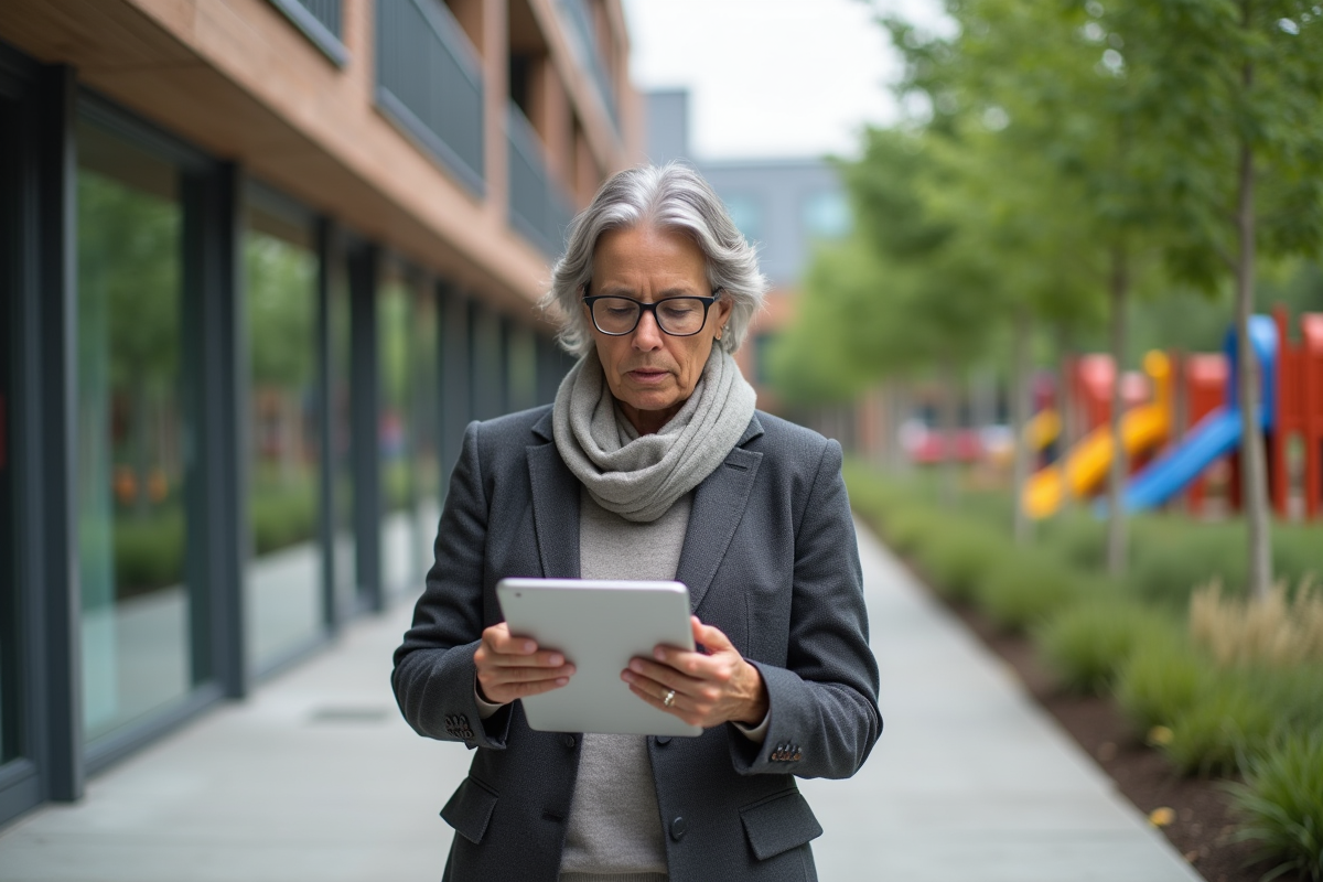 Urbaniste regardant une tablette dans un quartier durable