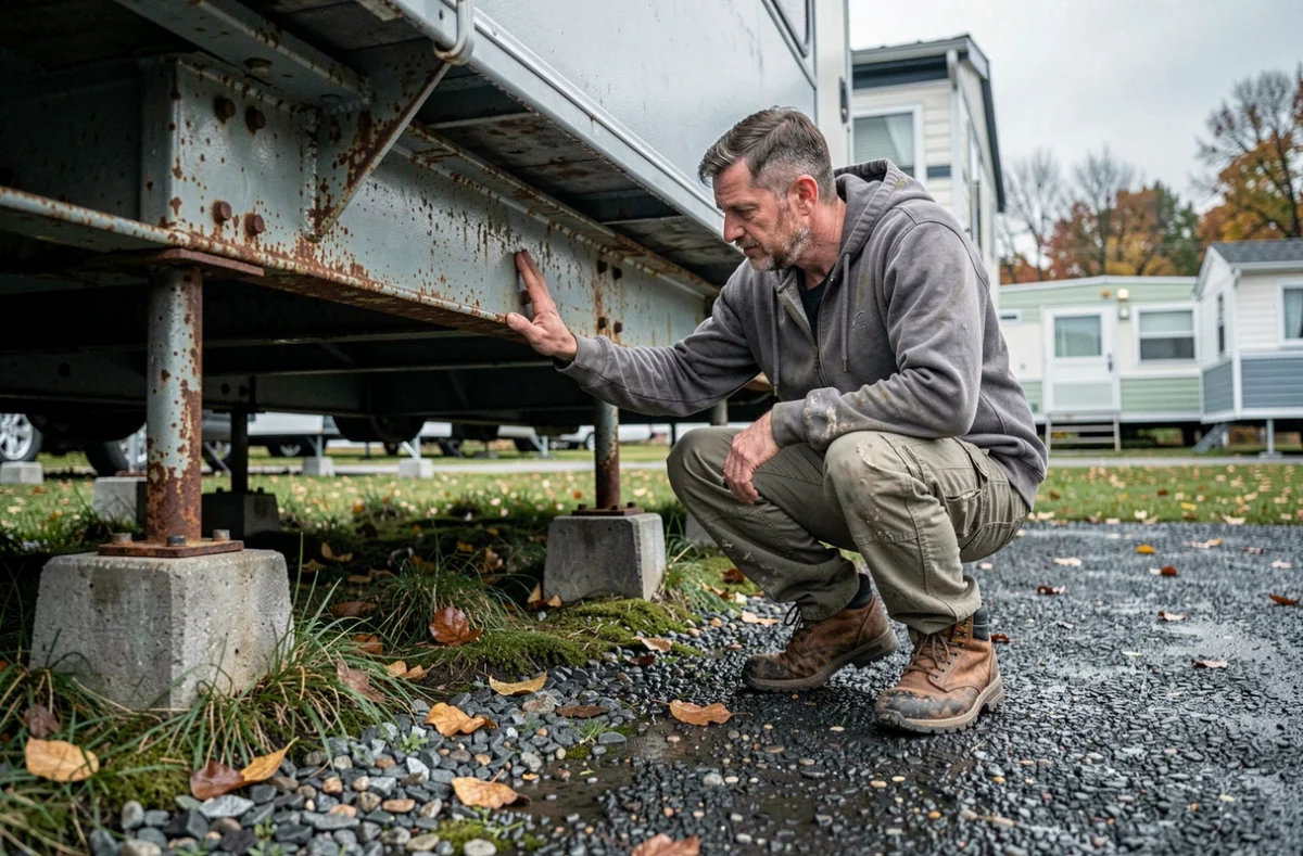 Homme inspectant le châssis et la structure sous un mobil-home d'occasion dans un camping permanent