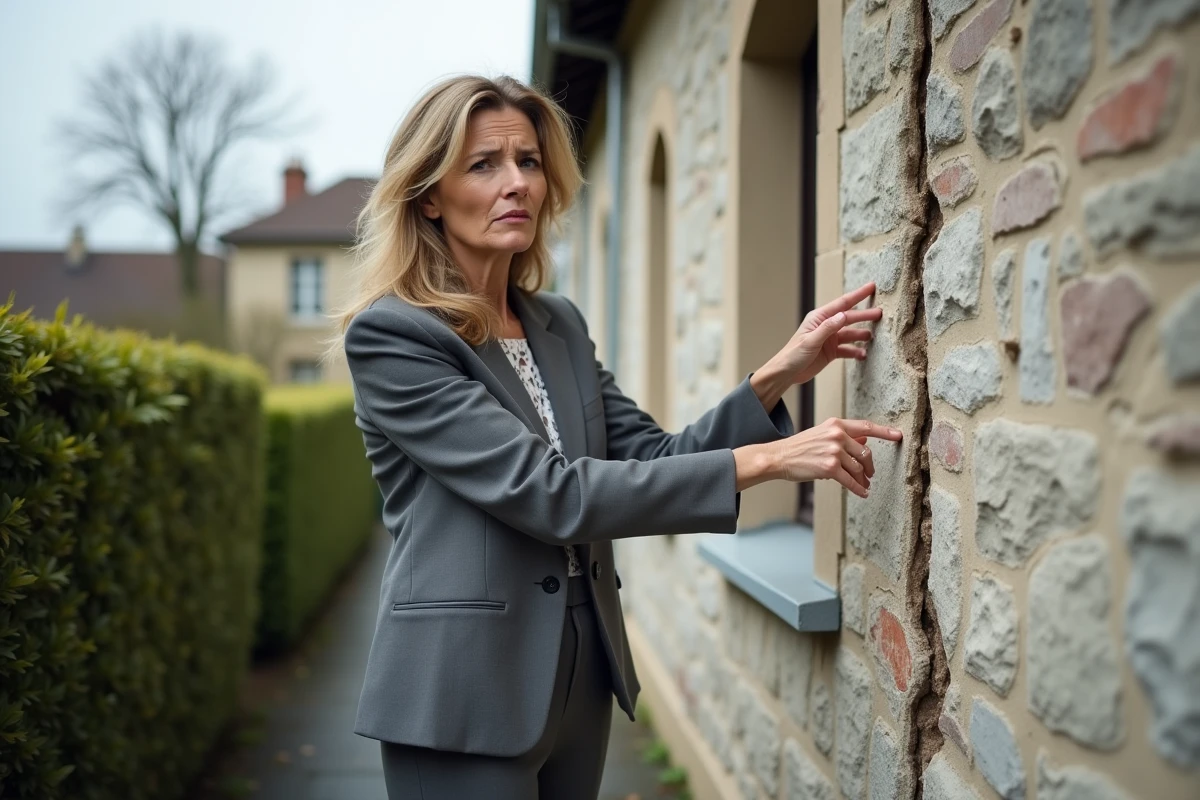 Une femme désigne une fissure sur la façade d'une maison, illustrant un vice caché immobilier dans le cadre d'un litige juridique